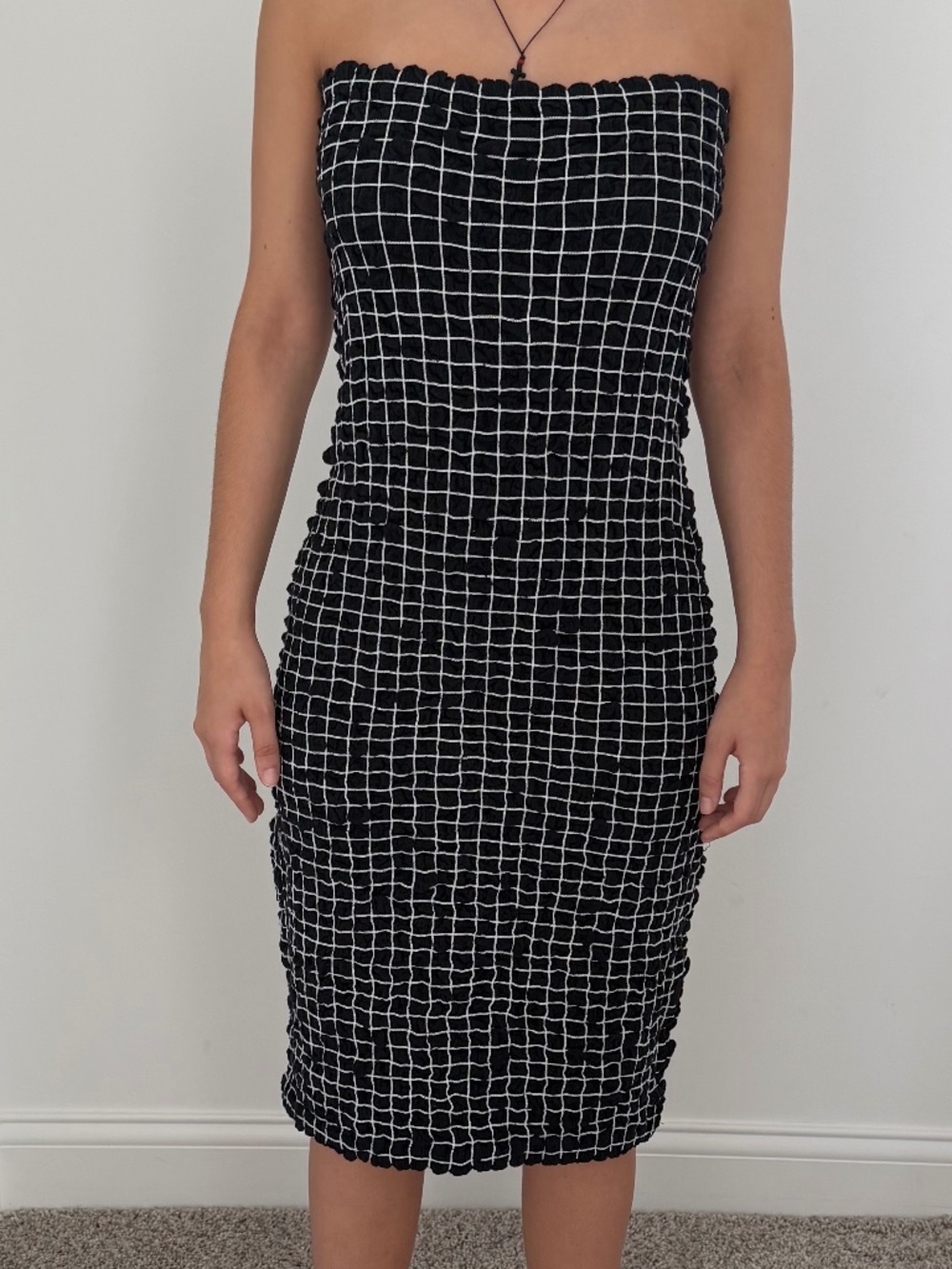 Free People Black White Grid Strapless Textured Midi Dress Small